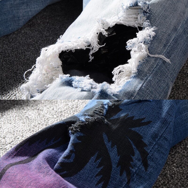 High Street Fashion Brand New Blue Heren Sets Handgeschilderde Graffiti Afdrukken Gat Slanke Denim Jas + Stretch Jeans mannelijke 2 Stuks Set