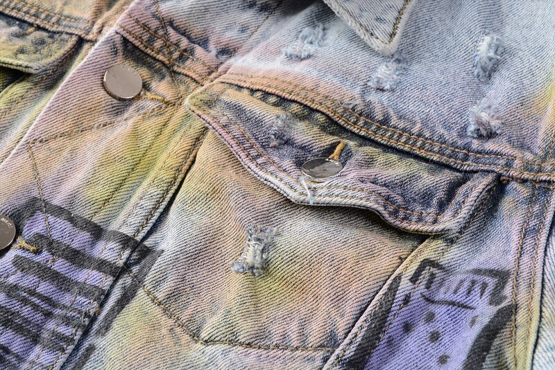 High Street Fashion Brand New Blue Heren Sets Handgeschilderde Graffiti Afdrukken Gat Slanke Denim Jas + Stretch Jeans mannelijke 2 Stuks Set