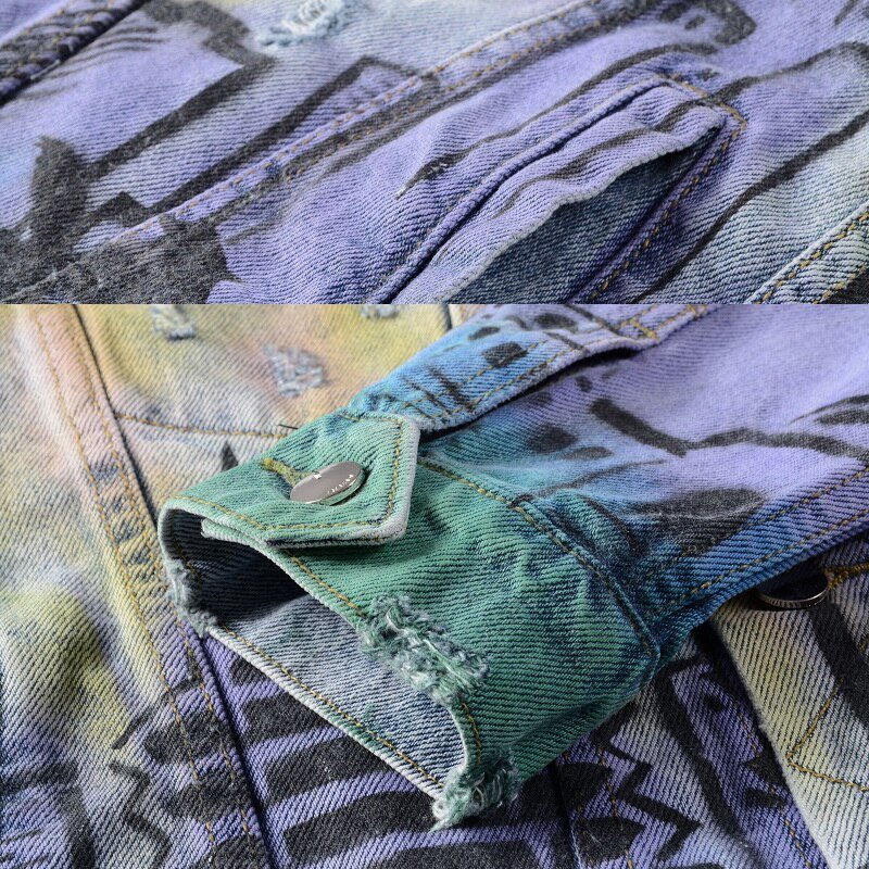 High Street Fashion Brand New Blue Heren Sets Handgeschilderde Graffiti Afdrukken Gat Slanke Denim Jas + Stretch Jeans mannelijke 2 Stuks Set