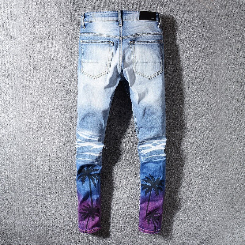 High Street Fashion Brand New Blue Heren Sets Handgeschilderde Graffiti Afdrukken Gat Slanke Denim Jas + Stretch Jeans mannelijke 2 Stuks Set