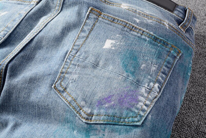 High Street Fashion Brand New Blue Heren Sets Handgeschilderde Graffiti Afdrukken Gat Slanke Denim Jas + Stretch Jeans mannelijke 2 Stuks Set