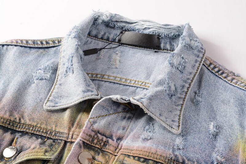 High Street Fashion Brand New Blue Heren Sets Handgeschilderde Graffiti Afdrukken Gat Slanke Denim Jas + Stretch Jeans mannelijke 2 Stuks Set