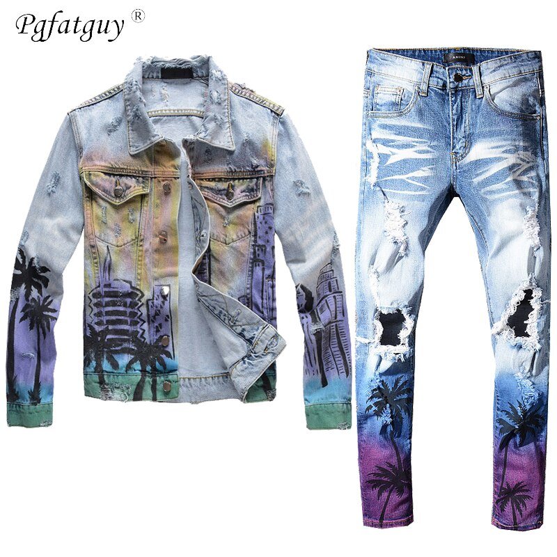 High Street Fashion Brand New Blue Heren Sets Handgeschilderde Graffiti Afdrukken Gat Slanke Denim Jas + Stretch Jeans mannelijke 2 Stuks Set