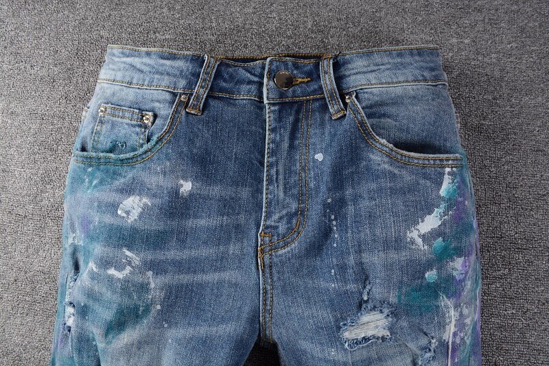 High Street Fashion Brand New Blue Heren Sets Handgeschilderde Graffiti Afdrukken Gat Slanke Denim Jas + Stretch Jeans mannelijke 2 Stuks Set
