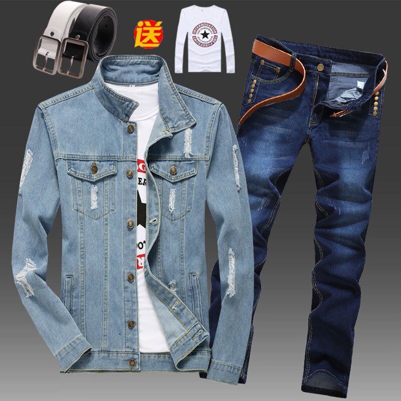 Nieuwe Lente Mens Denim Jacket Potlood Broek 2 Stuks Set Blauw Zwart Gaten Jeans Broek Casual Maat M-3XL D34