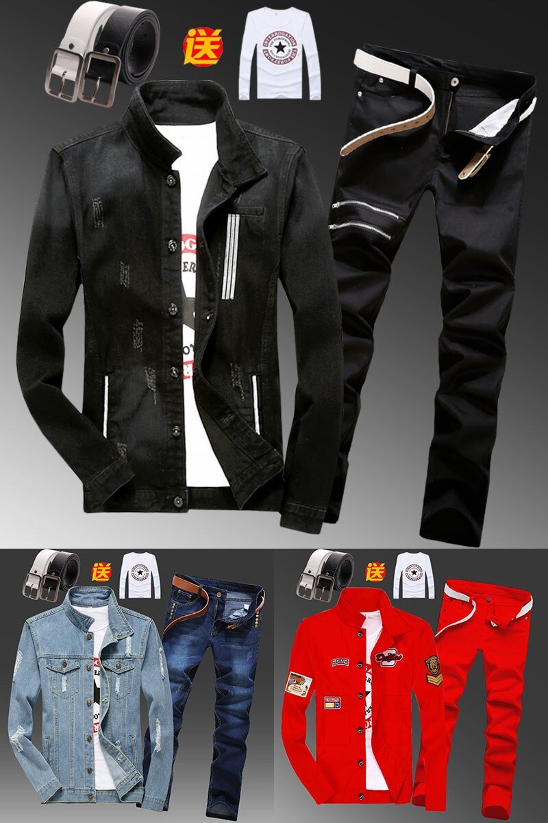 Nieuwe Lente Mens Denim Jacket Potlood Broek 2 Stuks Set Blauw Zwart Gaten Jeans Broek Casual Maat M-3XL D34