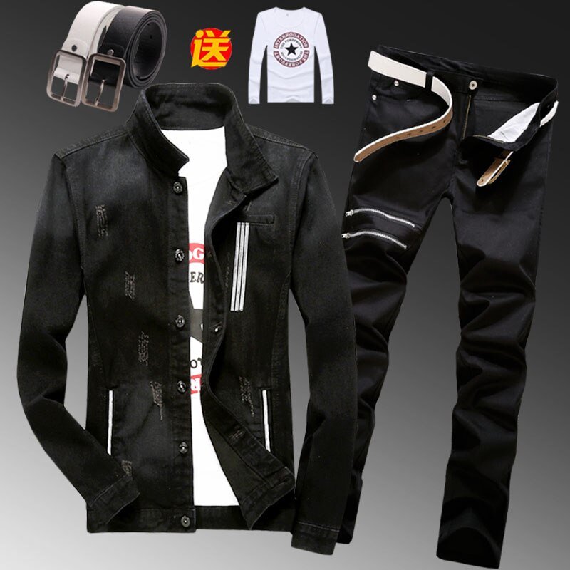 Nieuwe Lente Mens Denim Jacket Potlood Broek 2 Stuks Set Blauw Zwart Gaten Jeans Broek Casual Maat M-3XL D34