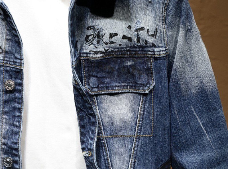 Fashion Slim Fit Graffiti Denim Jas Jas Mannen Verontruste Skinny Jeans Broek Persoonlijkheid Motorfiets Mens Denim Tweedelige Set