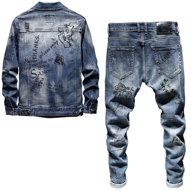 Fashion Slim Fit Graffiti Denim Jas Jas Mannen Verontruste Skinny Jeans Broek Persoonlijkheid Motorfiets Mens Denim Tweedelige Set