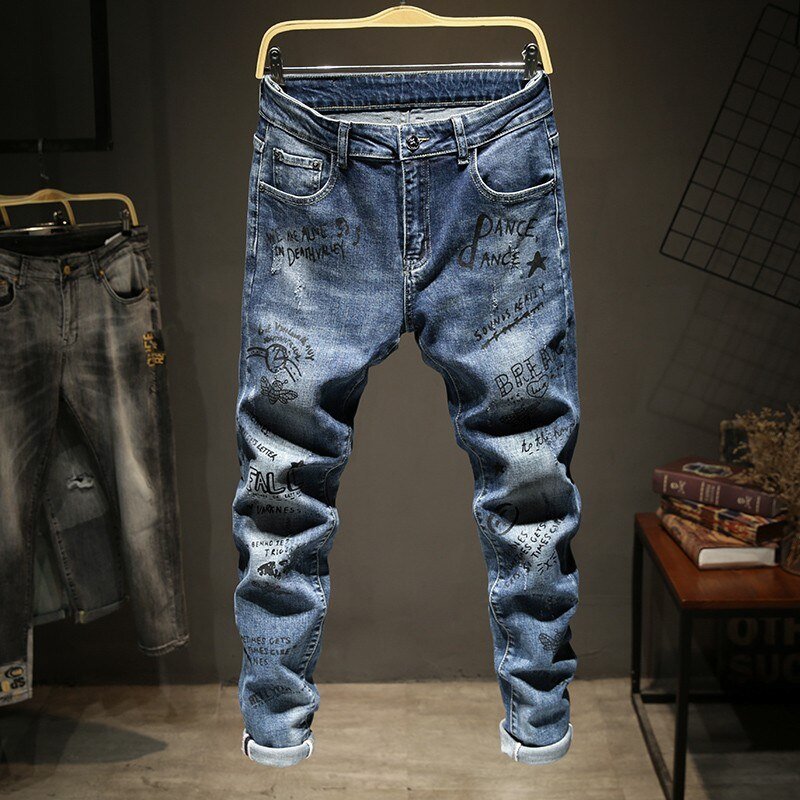 Fashion Slim Fit Graffiti Denim Jas Jas Mannen Verontruste Skinny Jeans Broek Persoonlijkheid Motorfiets Mens Denim Tweedelige Set
