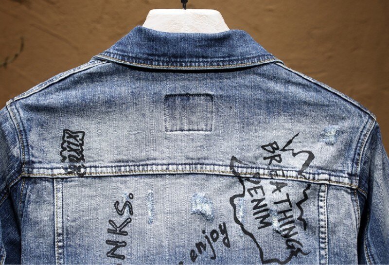 Fashion Slim Fit Graffiti Denim Jas Jas Mannen Verontruste Skinny Jeans Broek Persoonlijkheid Motorfiets Mens Denim Tweedelige Set