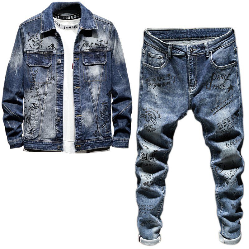 Fashion Slim Fit Graffiti Denim Jas Jas Mannen Verontruste Skinny Jeans Broek Persoonlijkheid Motorfiets Mens Denim Tweedelige Set