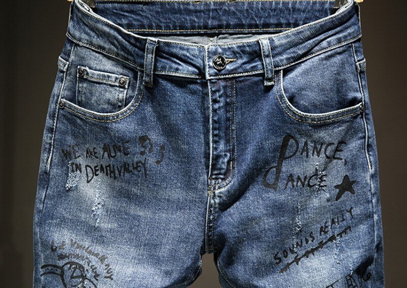 Fashion Slim Fit Graffiti Denim Jas Jas Mannen Verontruste Skinny Jeans Broek Persoonlijkheid Motorfiets Mens Denim Tweedelige Set