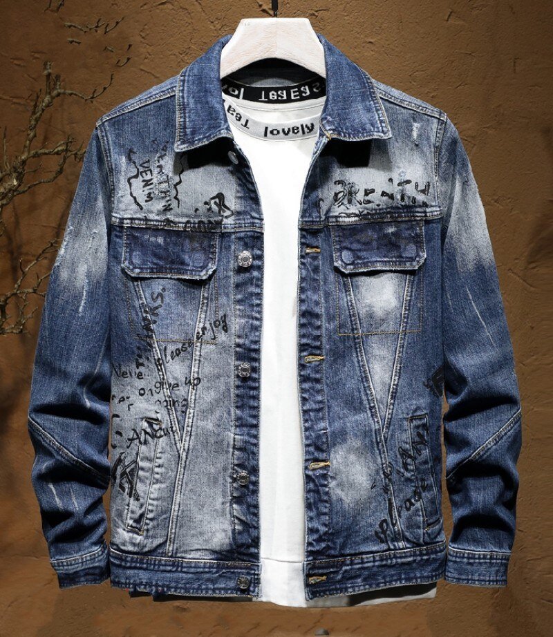 Fashion Slim Fit Graffiti Denim Jas Jas Mannen Verontruste Skinny Jeans Broek Persoonlijkheid Motorfiets Mens Denim Tweedelige Set