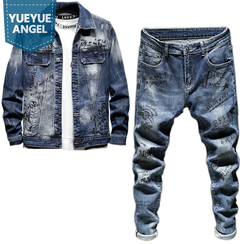 Fashion Slim Fit Graffiti Denim Jas Jas Mannen Verontruste Skinny Jeans Broek Persoonlijkheid Motorfiets Mens Denim Tweedelige Set