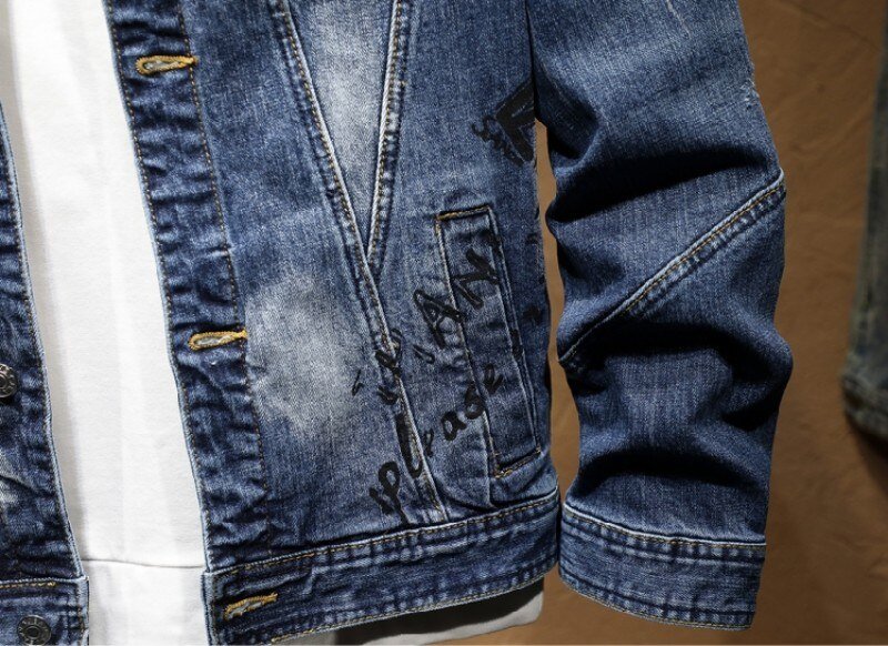 Fashion Slim Fit Graffiti Denim Jas Jas Mannen Verontruste Skinny Jeans Broek Persoonlijkheid Motorfiets Mens Denim Tweedelige Set