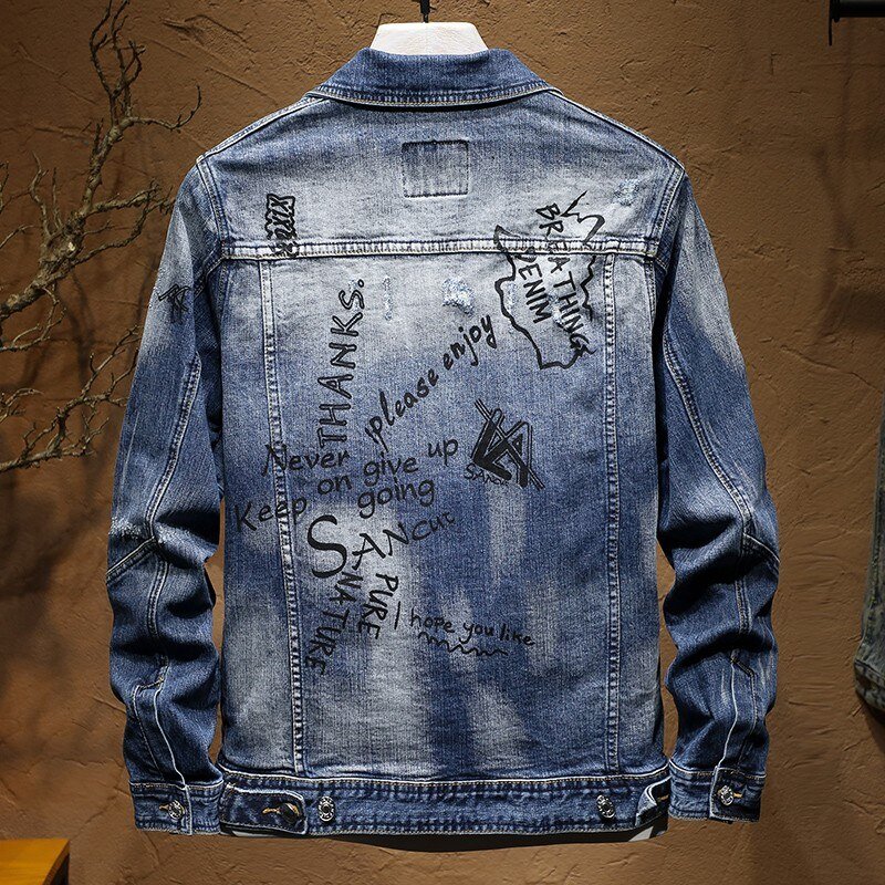 Fashion Slim Fit Graffiti Denim Jas Jas Mannen Verontruste Skinny Jeans Broek Persoonlijkheid Motorfiets Mens Denim Tweedelige Set