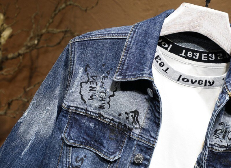 Fashion Slim Fit Graffiti Denim Jas Jas Mannen Verontruste Skinny Jeans Broek Persoonlijkheid Motorfiets Mens Denim Tweedelige Set