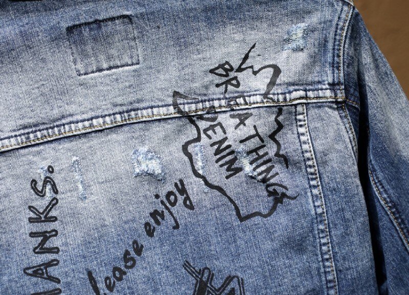 Fashion Slim Fit Graffiti Denim Jas Jas Mannen Verontruste Skinny Jeans Broek Persoonlijkheid Motorfiets Mens Denim Tweedelige Set