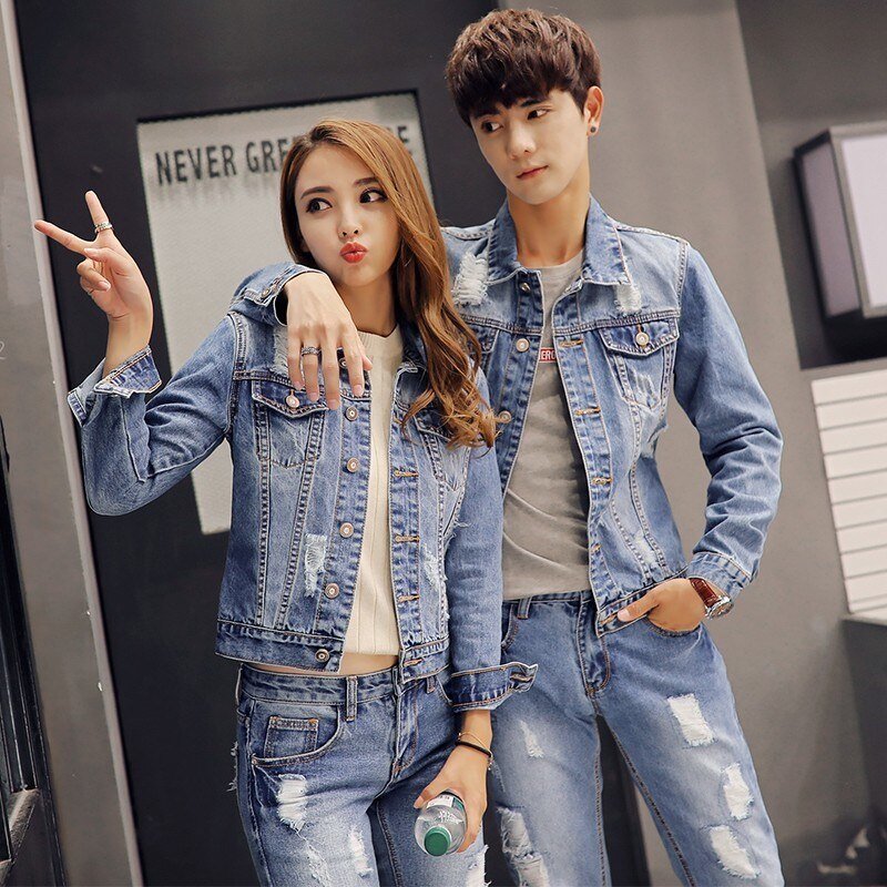 Herfst Koreaanse Mens Denim Jacket Tweedelige Set Slim Fit Gat Gescheurde Jeans Casual Unisex Cowboy Outfit Kleding Bijpassende Sets