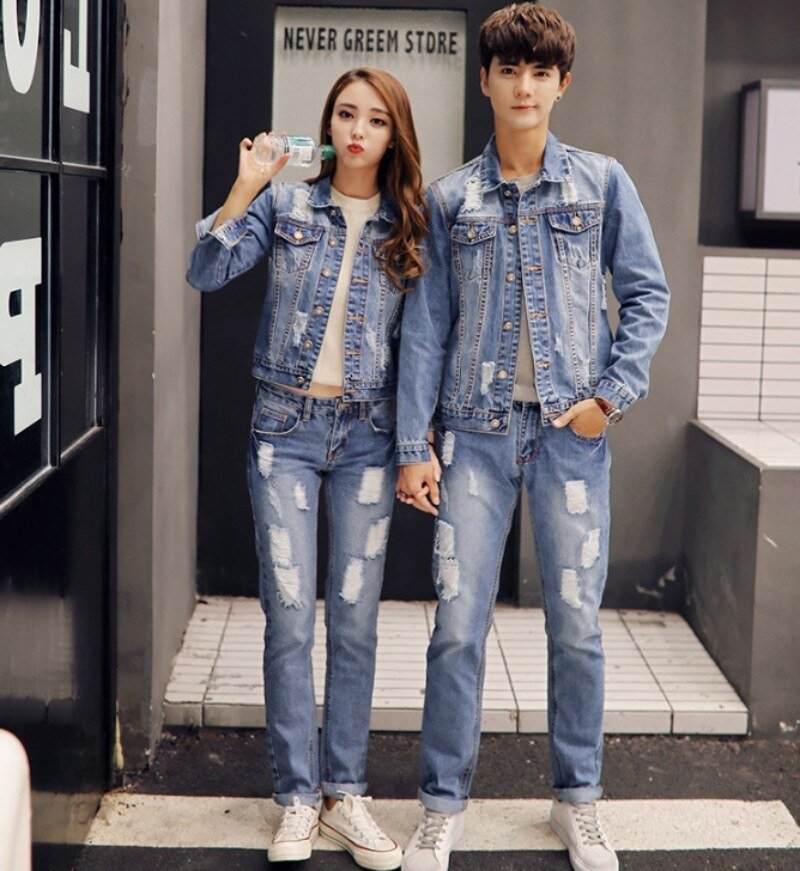Herfst Koreaanse Mens Denim Jacket Tweedelige Set Slim Fit Gat Gescheurde Jeans Casual Unisex Cowboy Outfit Kleding Bijpassende Sets