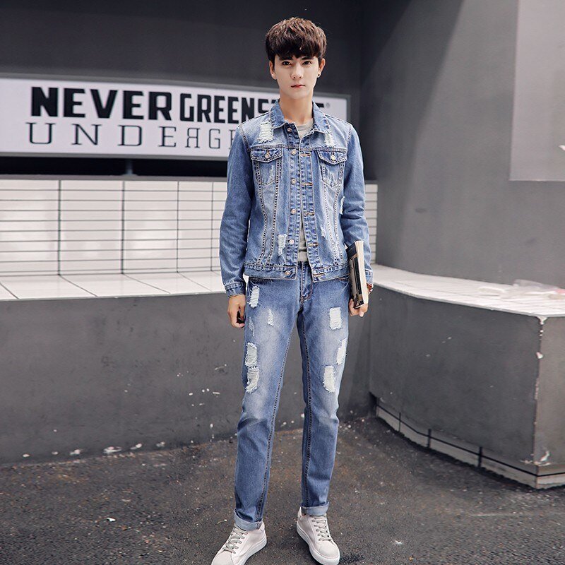 Herfst Koreaanse Mens Denim Jacket Tweedelige Set Slim Fit Gat Gescheurde Jeans Casual Unisex Cowboy Outfit Kleding Bijpassende Sets