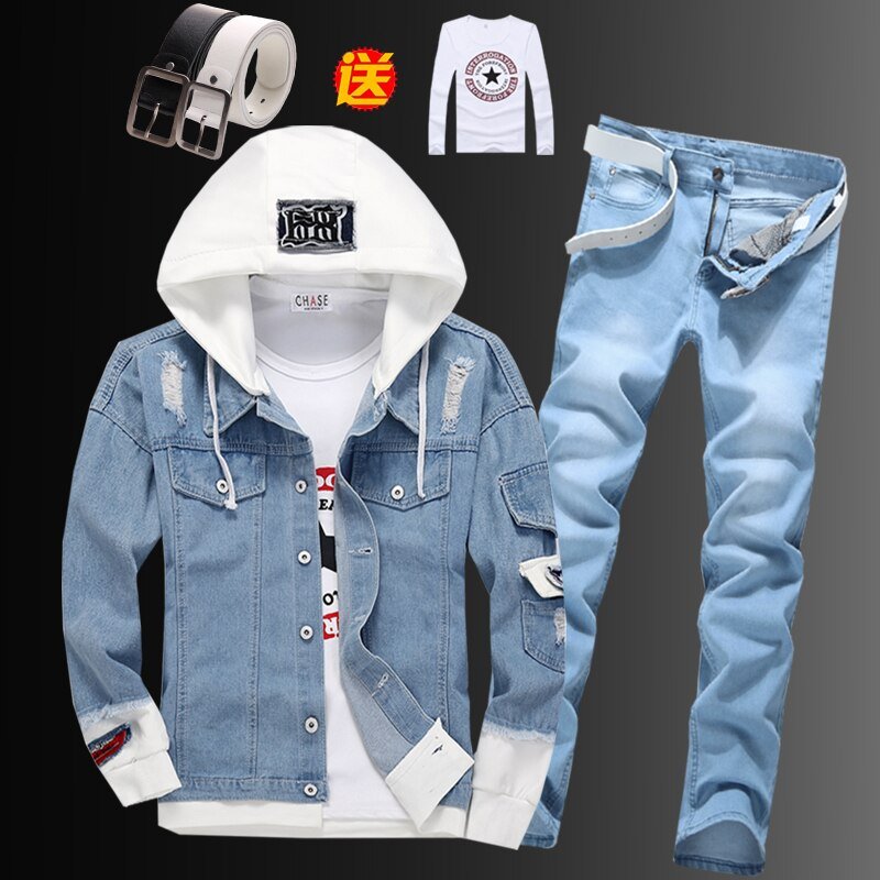 Heren Capuchon Denim Jas Potlood Broek 2 Stuks Set Korte Jongens Jassen Jeans Broek Voor Lente Herfst Kleding c78 Heren Capuchon Denim Jas Potlood Broek 2 Stuks Set Korte Jongens Jassen Jeans Broek Voor Lente Herfst Kleding c78