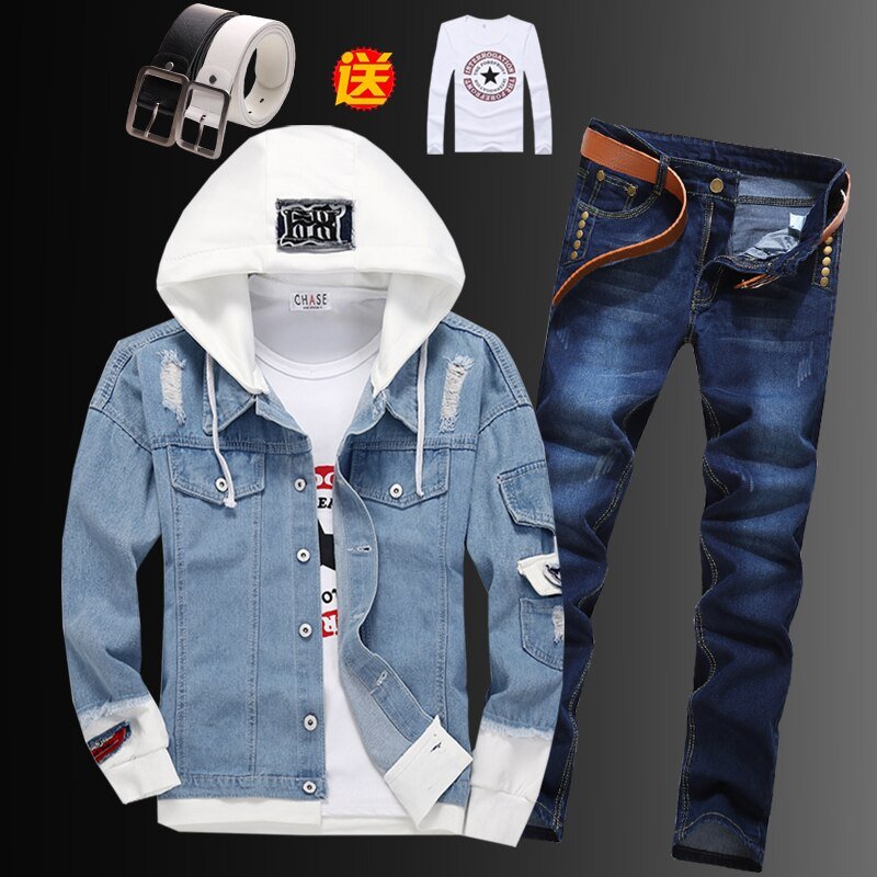 Heren Capuchon Denim Jas Potlood Broek 2 Stuks Set Korte Jongens Jassen Jeans Broek Voor Lente Herfst Kleding c78 Heren Capuchon Denim Jas Potlood Broek 2 Stuks Set Korte Jongens Jassen Jeans Broek Voor Lente Herfst Kleding c78