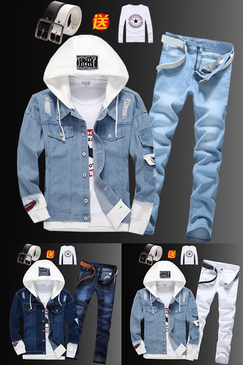 Heren Capuchon Denim Jas Potlood Broek 2 Stuks Set Korte Jongens Jassen Jeans Broek Voor Lente Herfst Kleding c78 Heren Capuchon Denim Jas Potlood Broek 2 Stuks Set Korte Jongens Jassen Jeans Broek Voor Lente Herfst Kleding c78