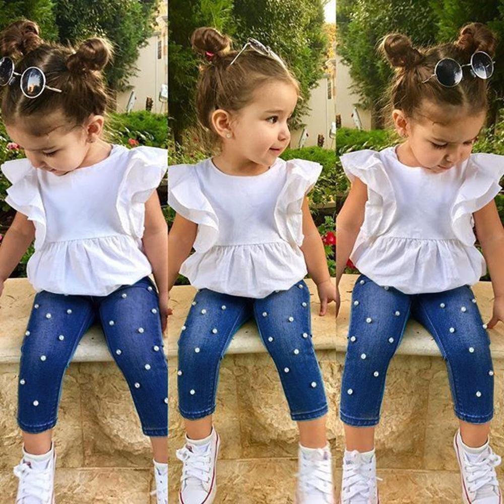 Mode Peuter Kinderen Baby Meisjes Solid Korte Mouw T-shirt Tops + Parel Denim Broek Jeans Set Meisjes Outfits Popeline Kleding Mode Peuter Kinderen Baby Meisjes Solid Korte Mouw T-shirt Tops + Parel Denim Broek Jeans Set Meisjes Outfits Popeline Kleding