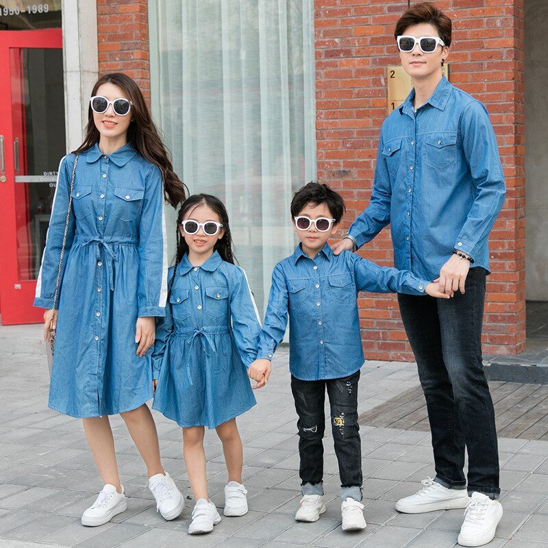 2020 Koreaanse Casual Styel Moeder Dochter Jeans Jurk Familie Bijpassende Denim Shirts Blouse Jassen Vader Moeder Zoon Outfits