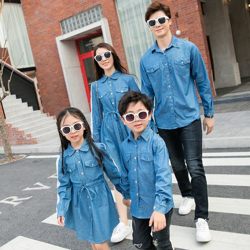 2020 Koreaanse Casual Styel Moeder Dochter Jeans Jurk Familie Bijpassende Denim Shirts Blouse Jassen Vader Moeder Zoon Outfits