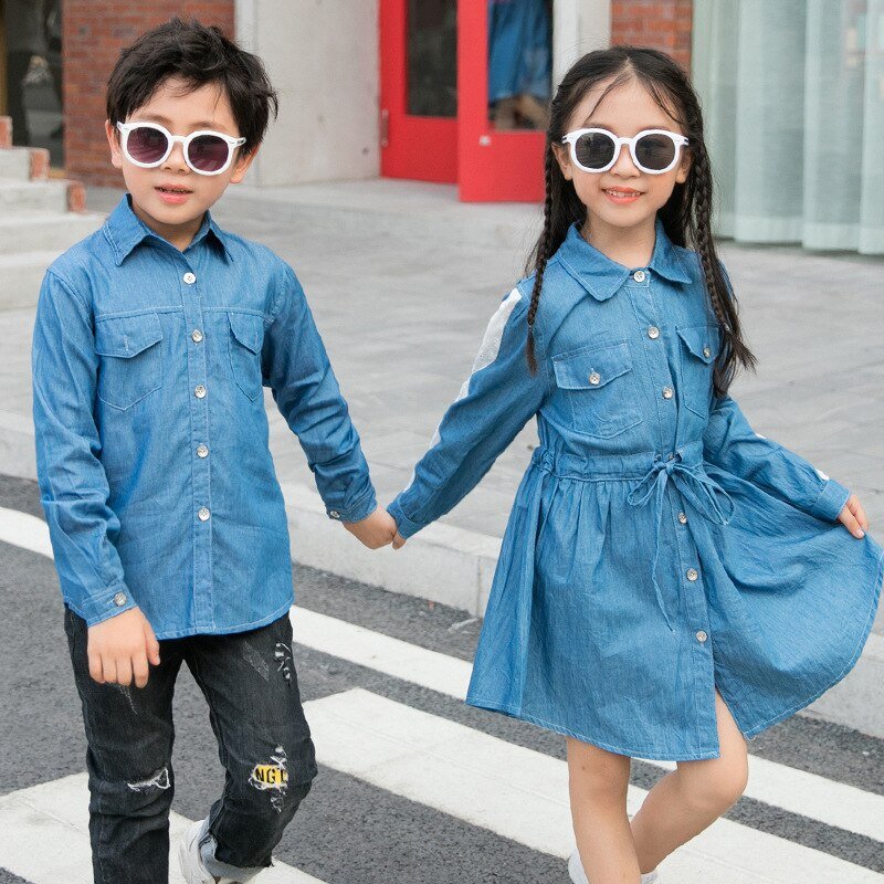 2020 Koreaanse Casual Styel Moeder Dochter Jeans Jurk Familie Bijpassende Denim Shirts Blouse Jassen Vader Moeder Zoon Outfits
