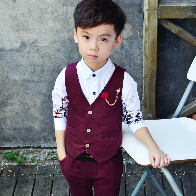 Kinderen Wedding Suit Voor Jongens Vest + Broek 2 Stuks Formele Pak Rood Grijs Jongens Lente Zomer Engeland Stijl Kinderen blazer Suits