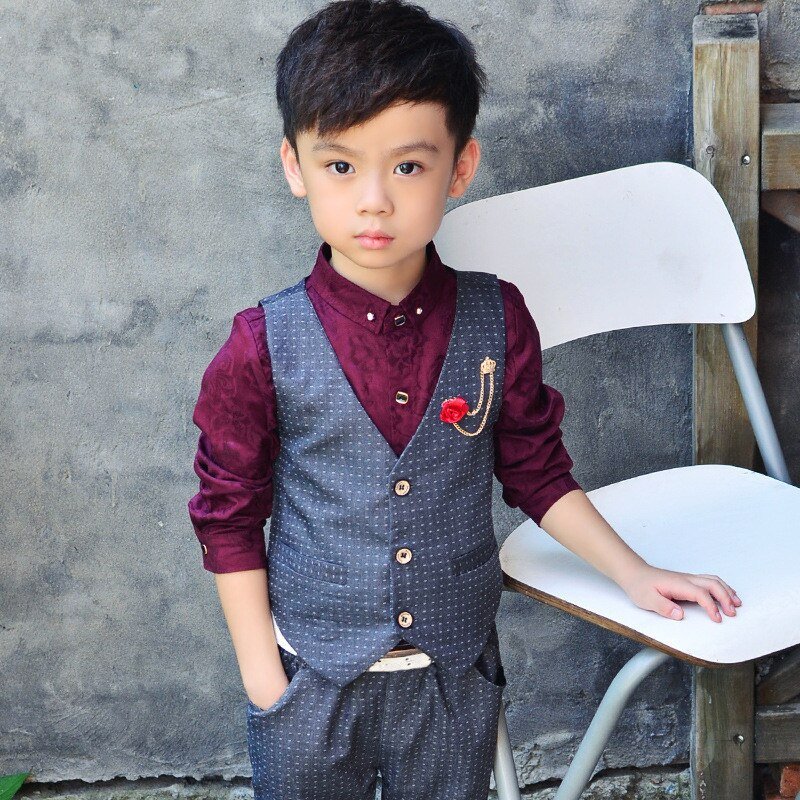 Kinderen Wedding Suit Voor Jongens Vest + Broek 2 Stuks Formele Pak Rood Grijs Jongens Lente Zomer Engeland Stijl Kinderen blazer Suits