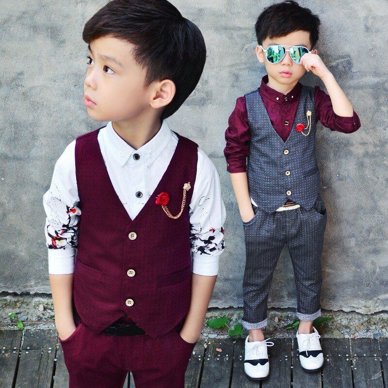 Kinderen Wedding Suit Voor Jongens Vest + Broek 2 Stuks Formele Pak Rood Grijs Jongens Lente Zomer Engeland Stijl Kinderen blazer Suits