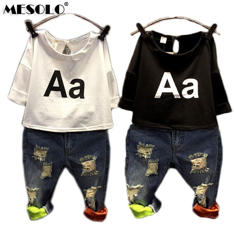 Jongens Meisjes Kleding Set Kids Herfst Mode T-shirt Jeans Gaten Denim Sets Een Brief Zomer Europa K1