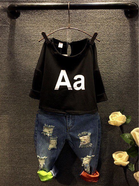 Jongens Meisjes Kleding Set Kids Herfst Mode T-shirt Jeans Gaten Denim Sets Een Brief Zomer Europa K1