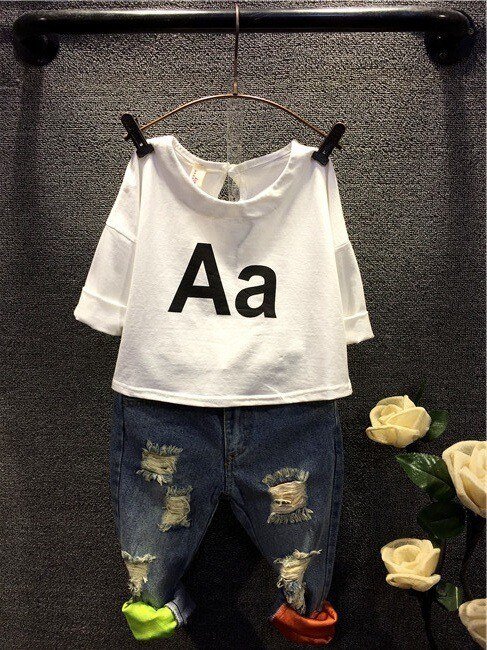 Jongens Meisjes Kleding Set Kids Herfst Mode T-shirt Jeans Gaten Denim Sets Een Brief Zomer Europa K1