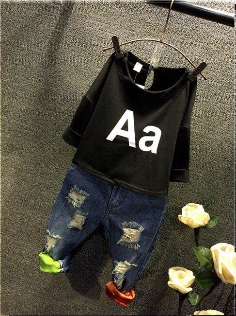 Jongens Meisjes Kleding Set Kids Herfst Mode T-shirt Jeans Gaten Denim Sets Een Brief Zomer Europa K1