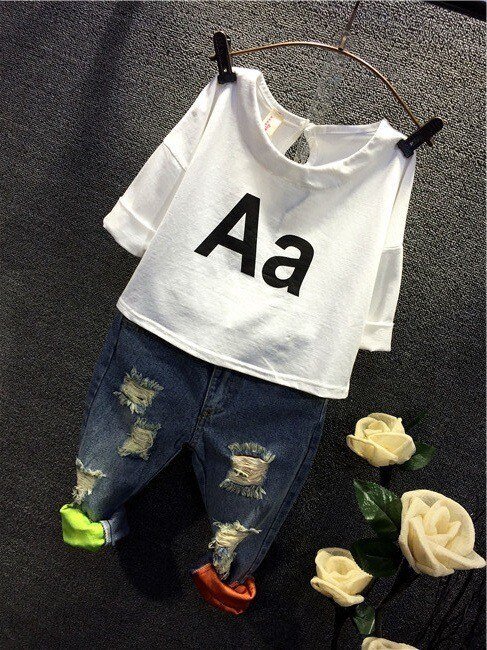 Jongens Meisjes Kleding Set Kids Herfst Mode T-shirt Jeans Gaten Denim Sets Een Brief Zomer Europa K1