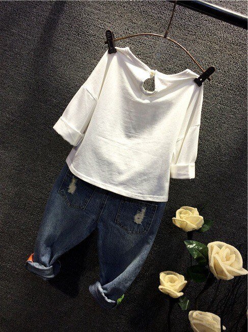 Jongens Meisjes Kleding Set Kids Herfst Mode T-shirt Jeans Gaten Denim Sets Een Brief Zomer Europa K1