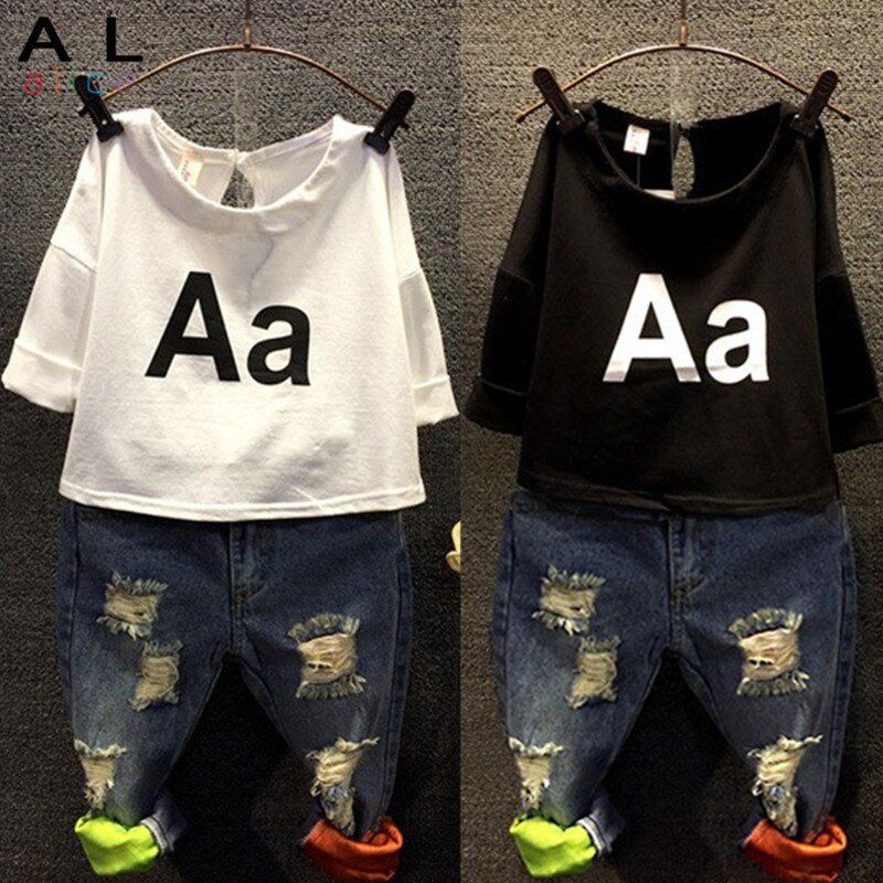 Jongens Meisjes Kleding Set Kids Herfst Mode T-shirt Jeans Gaten Denim Sets Een Brief Zomer Europa K1