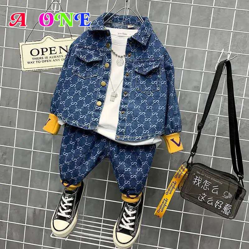 Herfst Lente Baby Set Jongens Denim Jas + Broek Meisje 2 Stuks Set Kinderen Pak Voor Kinderen Ins Geometrische Brief volledige Print 2-12 Jr Herfst Lente Baby Set Jongens Denim Jas + Broek Meisje 2 Stuks Set Kinderen Pak Voor Kinderen Ins Geometrische Brief volledige Print 2-12 Jr