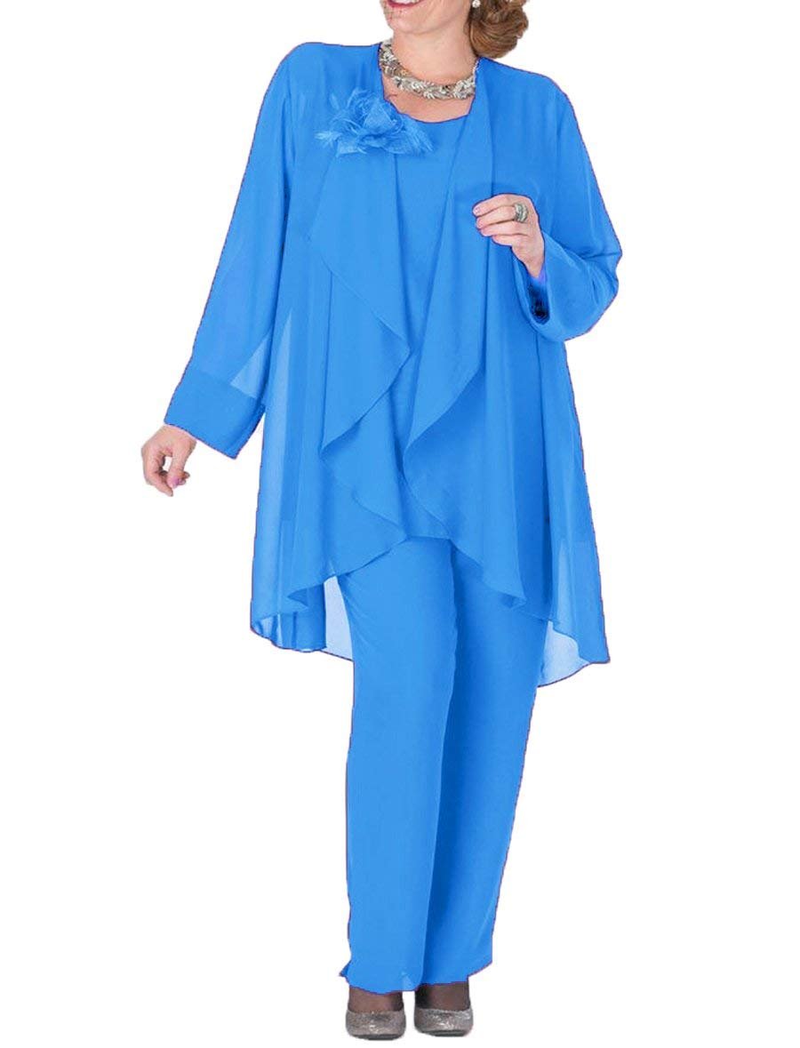 Vrouwen Bloem Chiffon Royal Blue Moeder van de Bruid Jurk Broek Pak 3 Pieces met Jacket Outfit Lange Mouwen