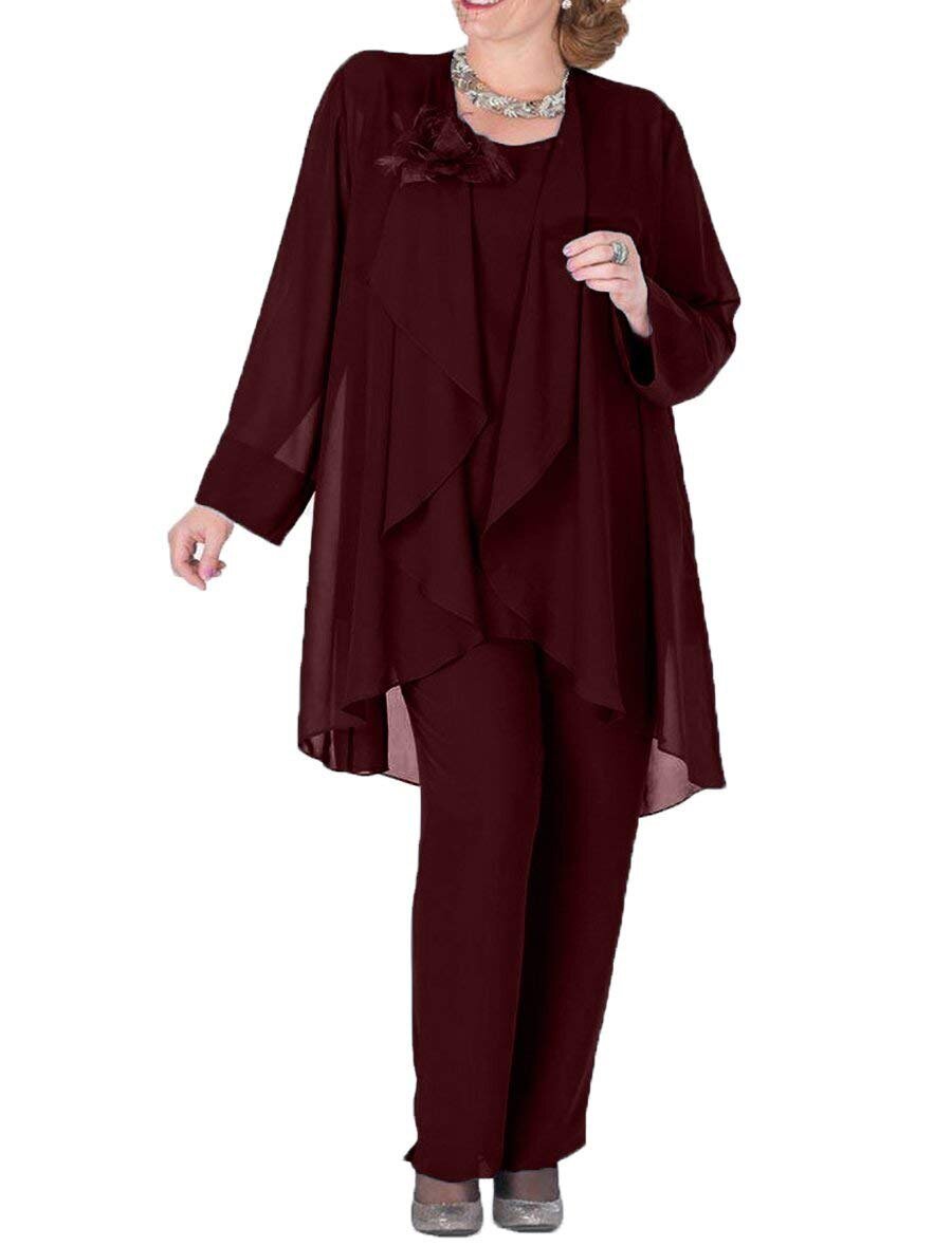Vrouwen Bloem Chiffon Royal Blue Moeder van de Bruid Jurk Broek Pak 3 Pieces met Jacket Outfit Lange Mouwen