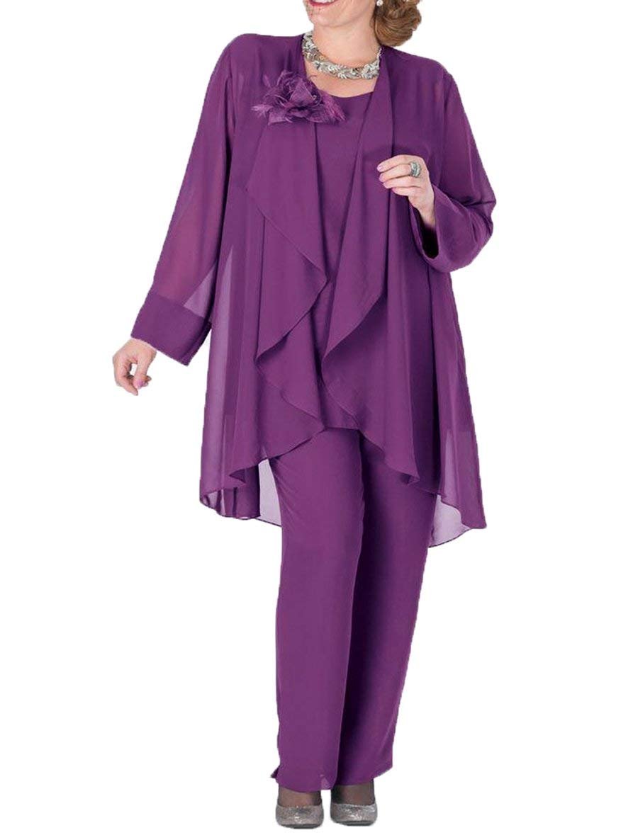 Vrouwen Bloem Chiffon Royal Blue Moeder van de Bruid Jurk Broek Pak 3 Pieces met Jacket Outfit Lange Mouwen