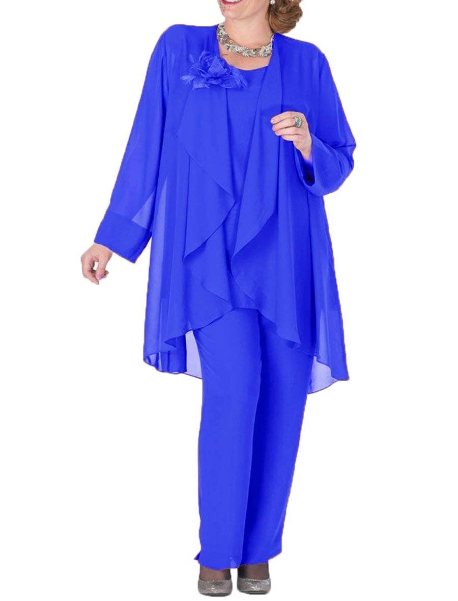 Vrouwen Bloem Chiffon Royal Blue Moeder van de Bruid Jurk Broek Pak 3 Pieces met Jacket Outfit Lange Mouwen