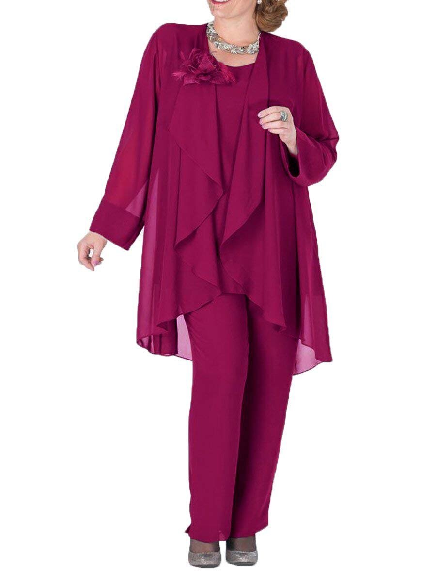 Vrouwen Bloem Chiffon Royal Blue Moeder van de Bruid Jurk Broek Pak 3 Pieces met Jacket Outfit Lange Mouwen