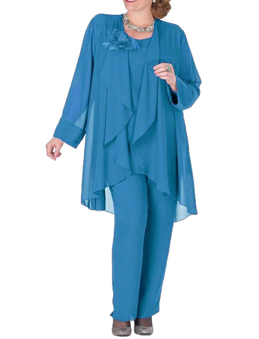 Vrouwen Bloem Chiffon Royal Blue Moeder van de Bruid Jurk Broek Pak 3 Pieces met Jacket Outfit Lange Mouwen